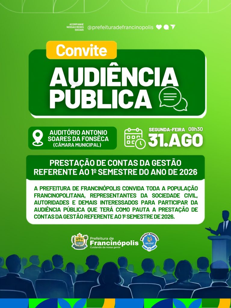 Prefeitura de Francinópolis realizará Audiência Pública para prestação de contas do 1º semestre de 2026