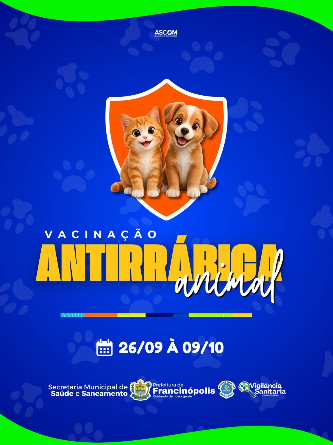 Prefeitura de Francinópolis divulga calendário da Campanha de Vacinação Antirrábica Animal 2026